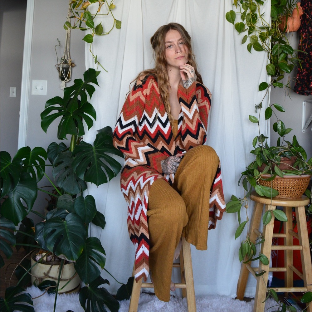 70s style long cardigan with zig zag muted mustards brown and orange pattern